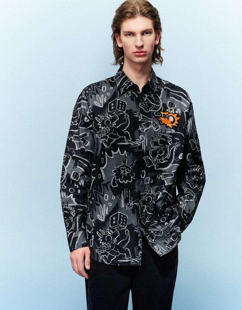 Black Men's Urban Revivo Graffiti Printed Button Up Loose Shirts | BLI5057QQ