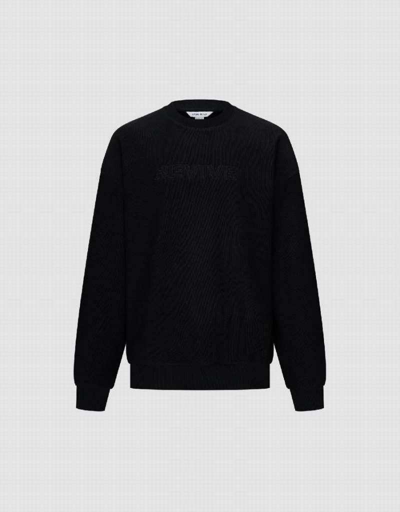 Black Men's Urban Revivo Letter Embossed Crew Neck Sweatshirts | WVB3171JC