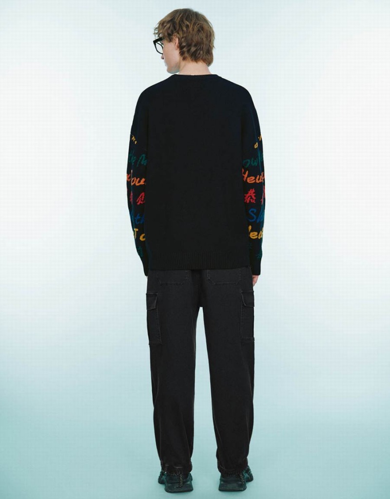 Black Men's Urban Revivo Letter Embroidered Crew Neck Sweaters | WTS9442TD