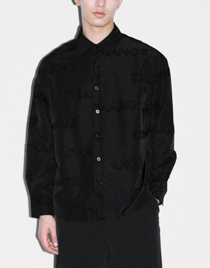 Black Men's Urban Revivo Letter Printed Button Up Oversized Shirts | TIO5923XX