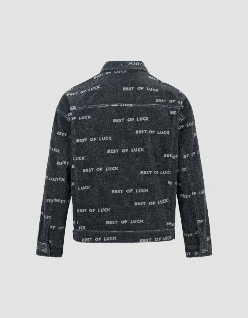 Black Men's Urban Revivo Letter Printed Denim Jackets | OKM97EU