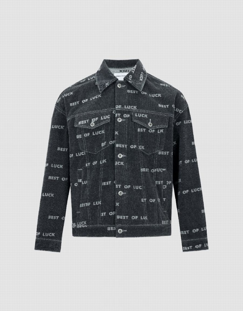 Black Men's Urban Revivo Letter Printed Denim Jackets | OKM97EU