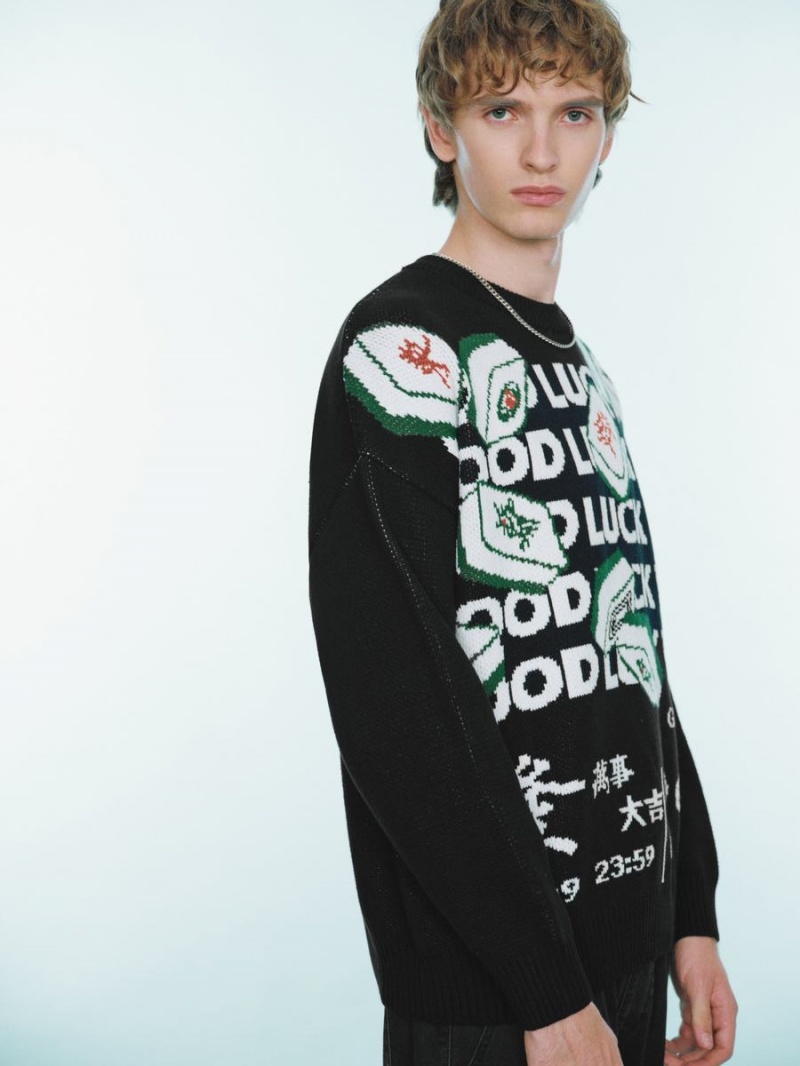 Black Men's Urban Revivo Mahjong Embroidered Sweaters | IFS73NA