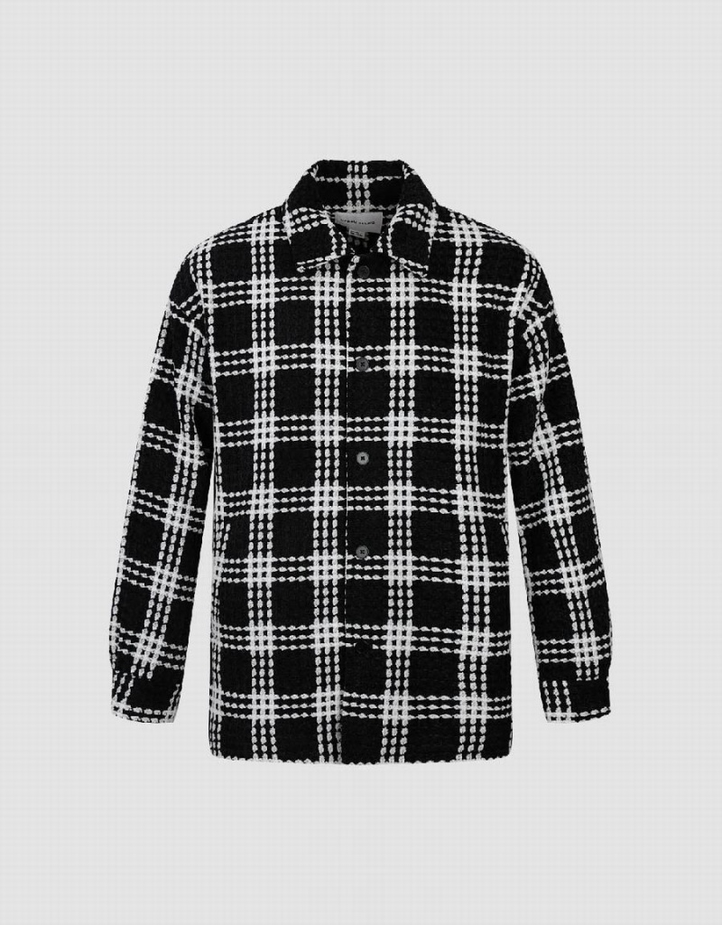 Black Men's Urban Revivo Plaid Loose Checkered Jackets | TEB337PZ