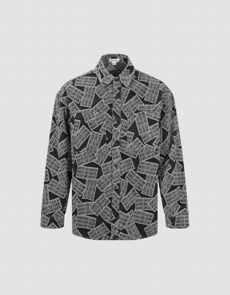 Black Men's Urban Revivo Printed Loose Denim Shirts | EPM956TF