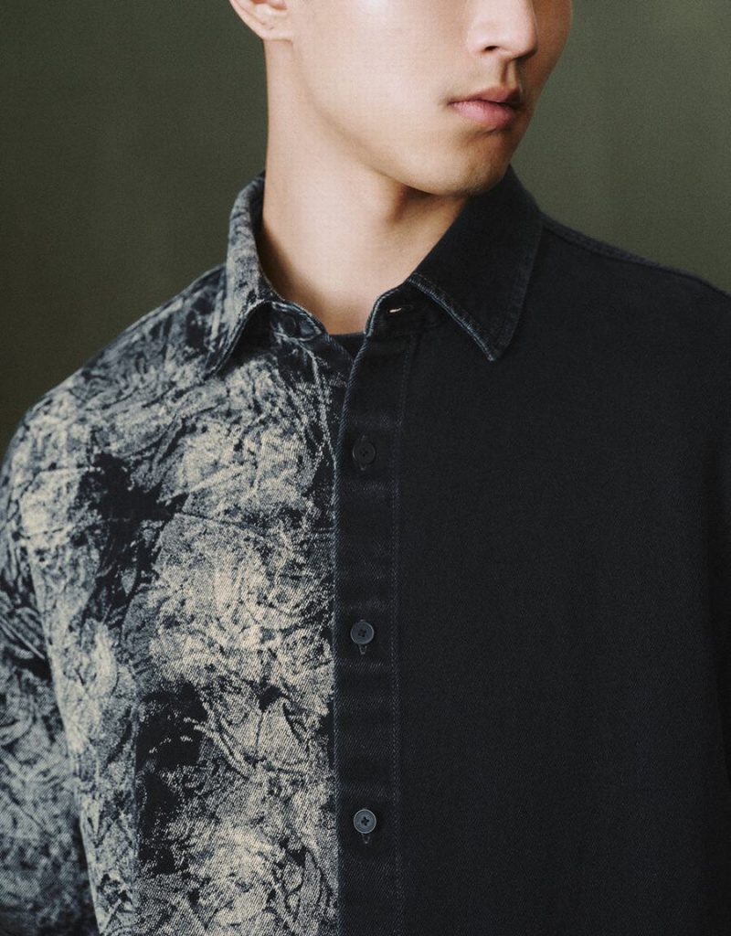 Black Men's Urban Revivo Printed Loose Denim Shirts | IYL937ZF