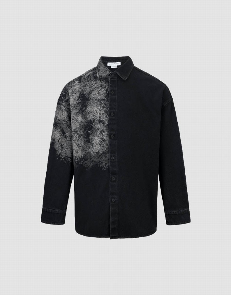 Black Men\'s Urban Revivo Printed Loose Denim Shirts | IYL937ZF