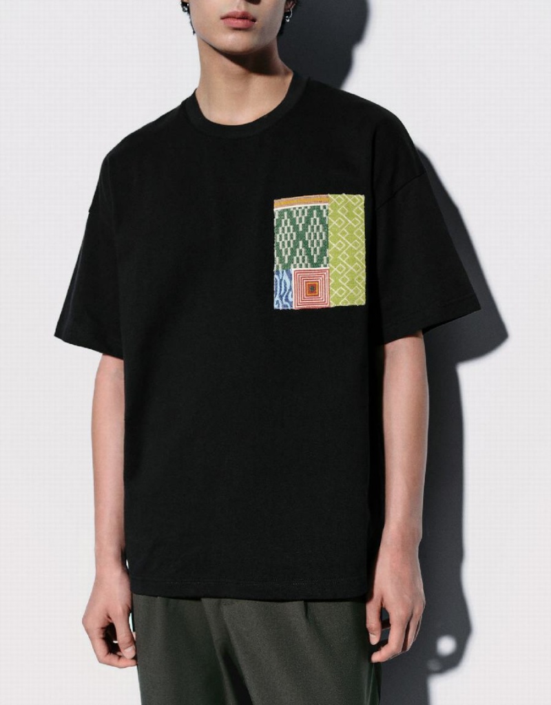 Black Men's Urban Revivo Printed Straight T Shirts | LAM5315MX