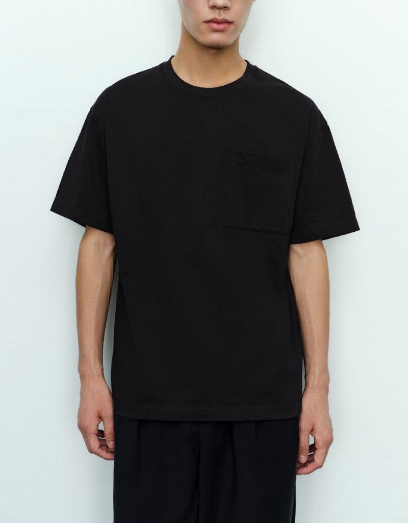 Black Men's Urban Revivo Straight Crew Neck T Shirts | LRL9074RA