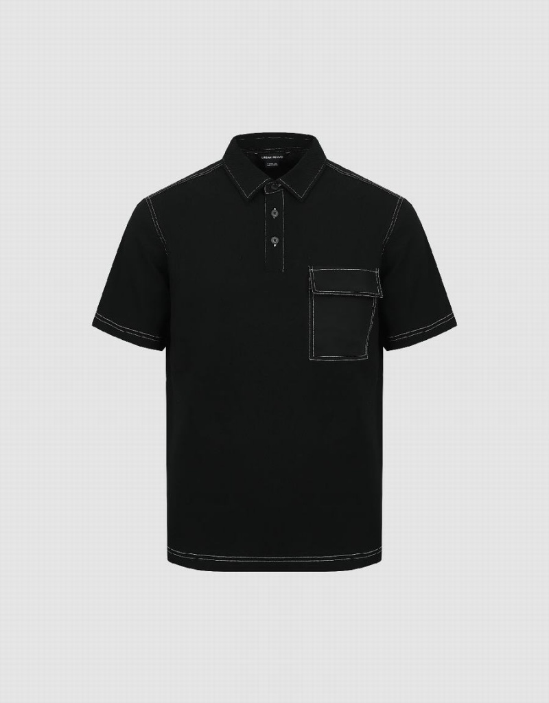 Black Men's Urban Revivo Straight Polo Shirts | QNF5396LG