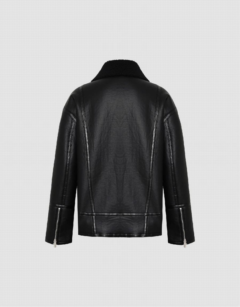 Black Men's Urban Revivo Straight Vegan Leather Jackets | WIM4846WP