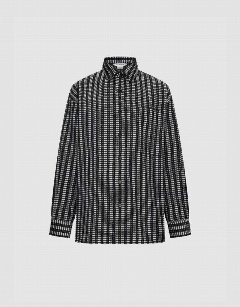 Black Men's Urban Revivo Striped Button Up Oversized Shirts | QGE523BU