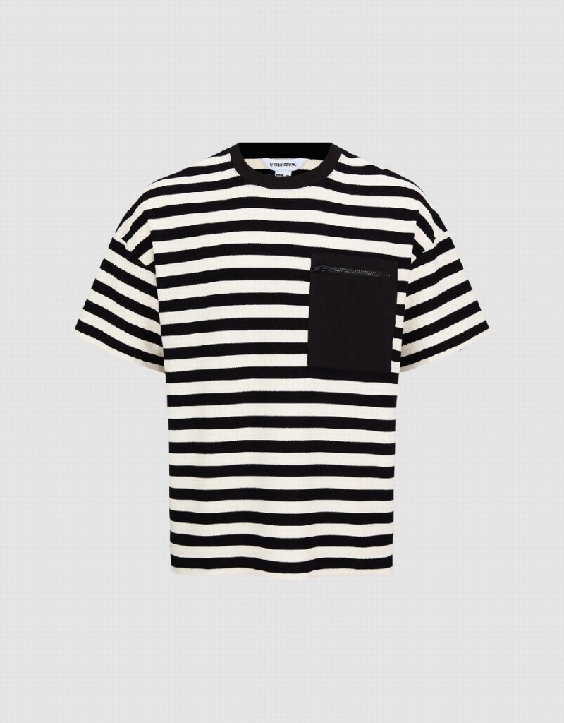 Black Men's Urban Revivo Striped Crew Neck T Shirts | YJX3397UD