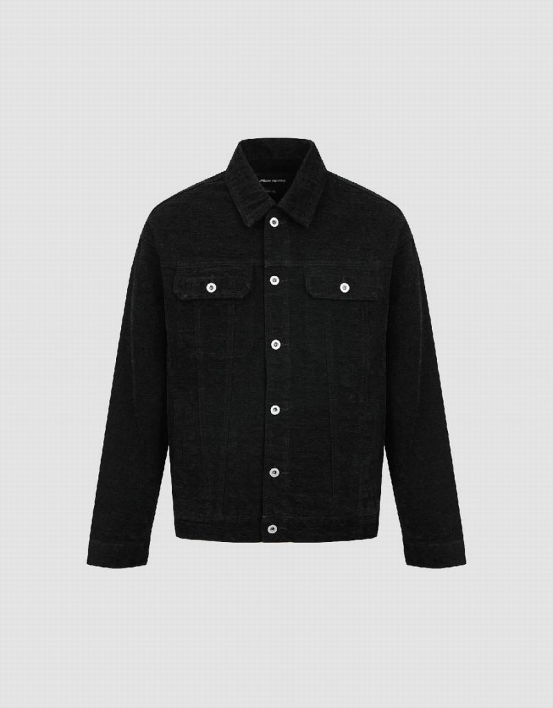 Black Men's Urban Revivo Textured Button Up Denim Jackets | NFG7353YX