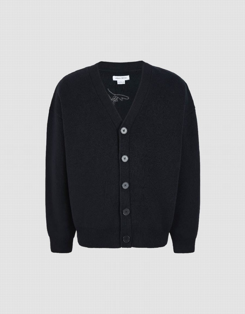 Black Men's Urban Revivo V-Neck Knitted Cardigan | FAG1848QD