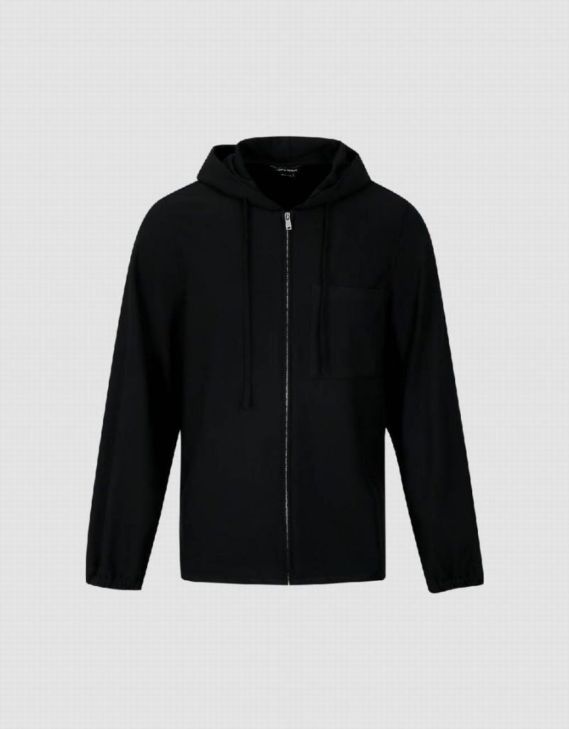 Black Men's Urban Revivo Zipper Front Hooded Jackets | TJI7447TU