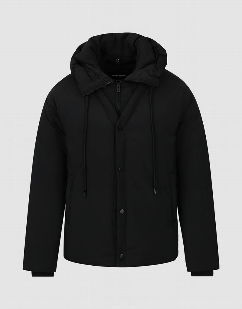 Black Men's Urban Revivo Zipper Front Hooded Down Jackets | FBA4870OC