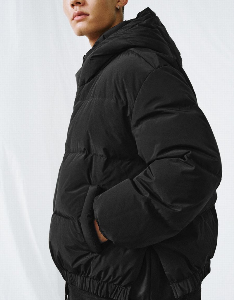 Black Men's Urban Revivo Zipper Front Hooded Down Jackets | HAG2962DX