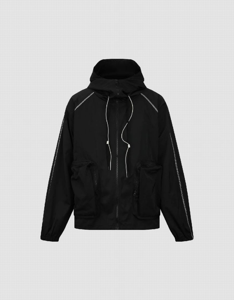 Black Men's Urban Revivo Zipper Front Oversized Hooded Jackets | MCP5258DU