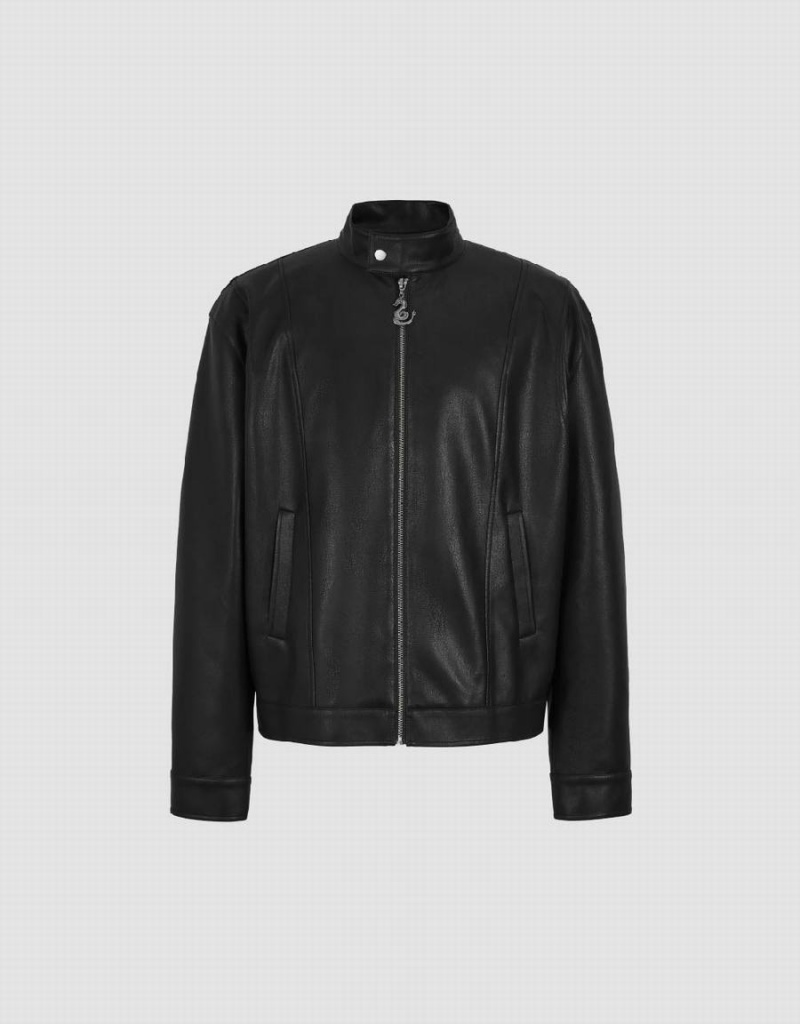 Black Men's Urban Revivo Zipper Front Vegan Leather Jackets | UPH9715DU