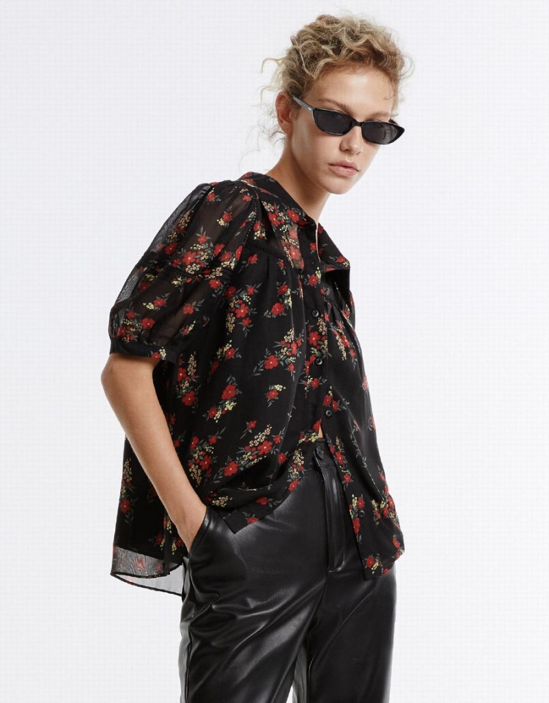 Black Red Women's Urban Revivo Floral Button Up Shirts | QSK2838LX