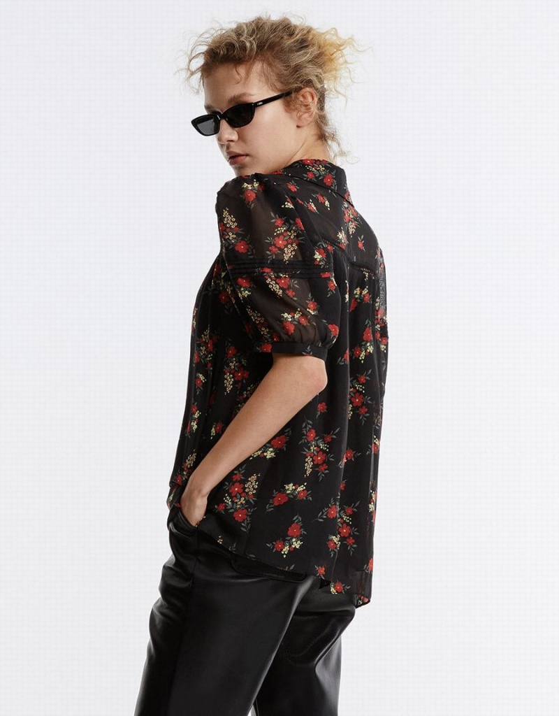 Black Red Women's Urban Revivo Floral Button Up Shirts | QSK2838LX