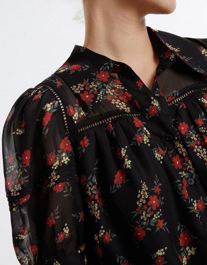 Black Red Women's Urban Revivo Floral Button Up Shirts | QSK2838LX