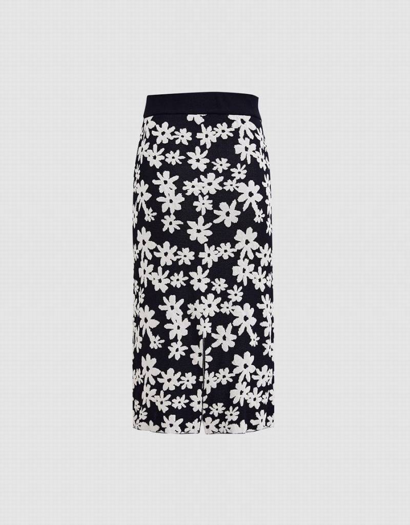 Black White Women's Urban Revivo Floral Print Knit Skirts | SPW5564WB