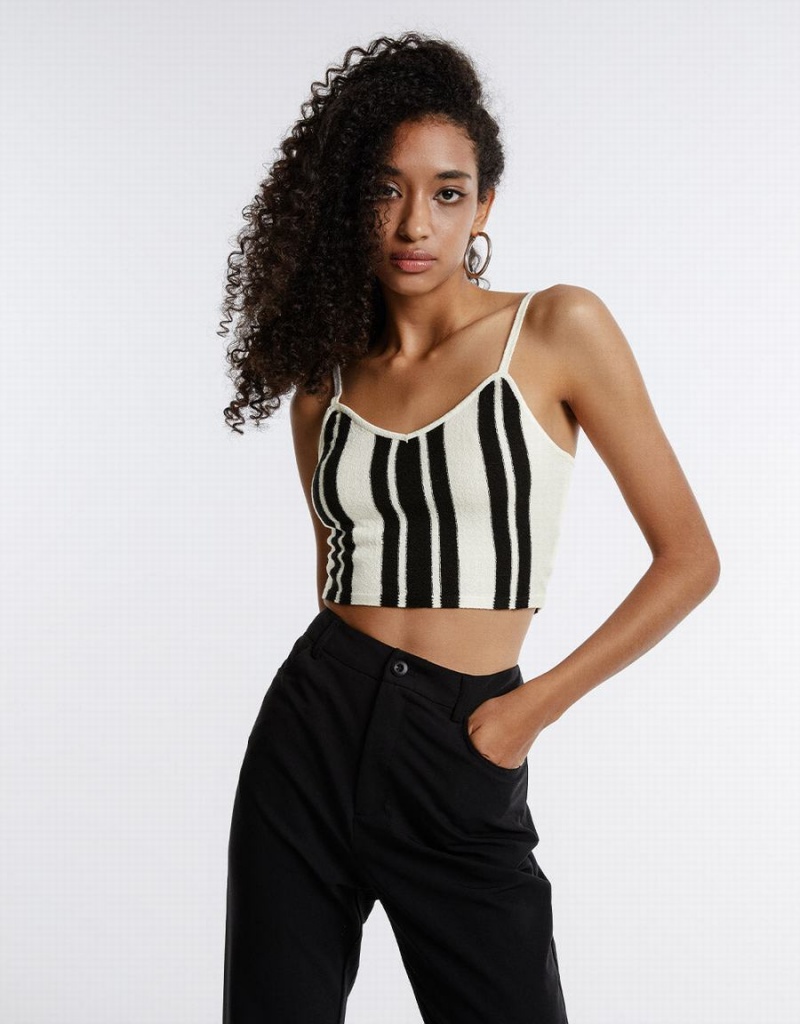 Black White Women's Urban Revivo Striped Knitted Camisole Cardigan | MGQ1779PO