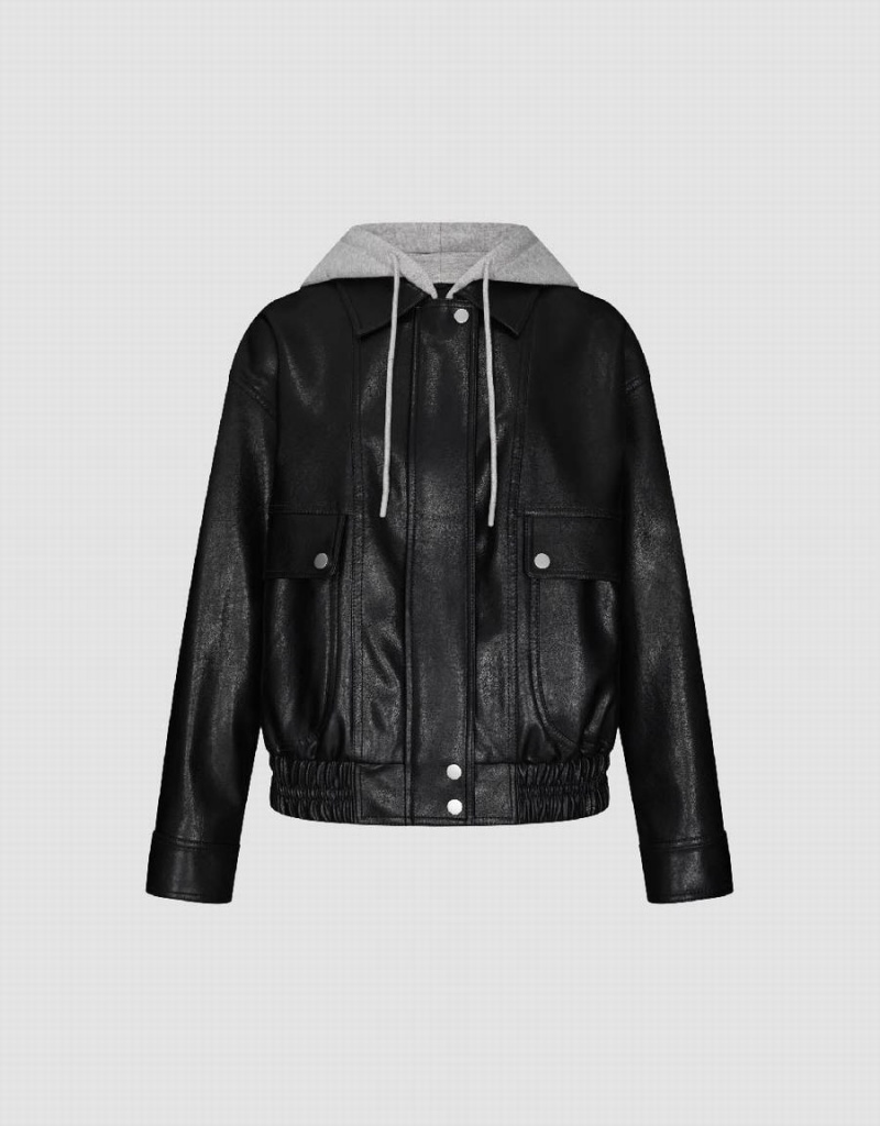 Black Women's Urban Revivo 2 In 1 Hooded Vegan Leather Jackets | VSH4584CN