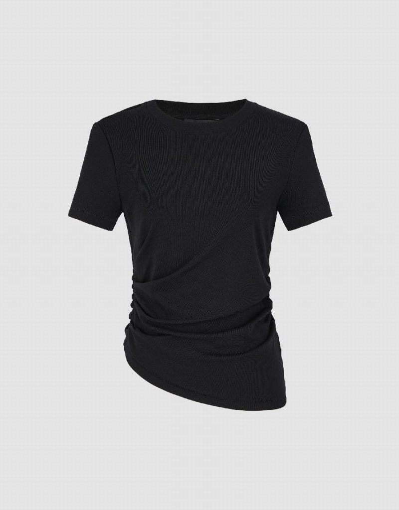 Black Women's Urban Revivo Asymmetric Ruched T Shirts | BEY4154FN