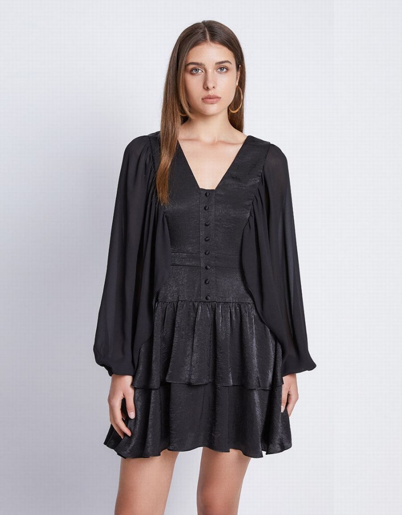 Black Women's Urban Revivo Batwing Button Front Tiered Ruffle Hem Dress | SMJ9994DN