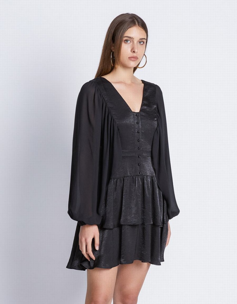 Black Women's Urban Revivo Batwing Button Front Tiered Ruffle Hem Dress | SMJ9994DN