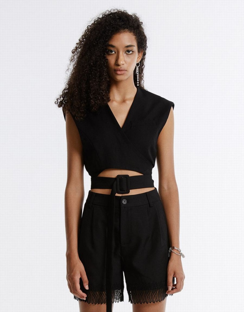 Black Women's Urban Revivo Buckle Belted Vest | UAO9594WY