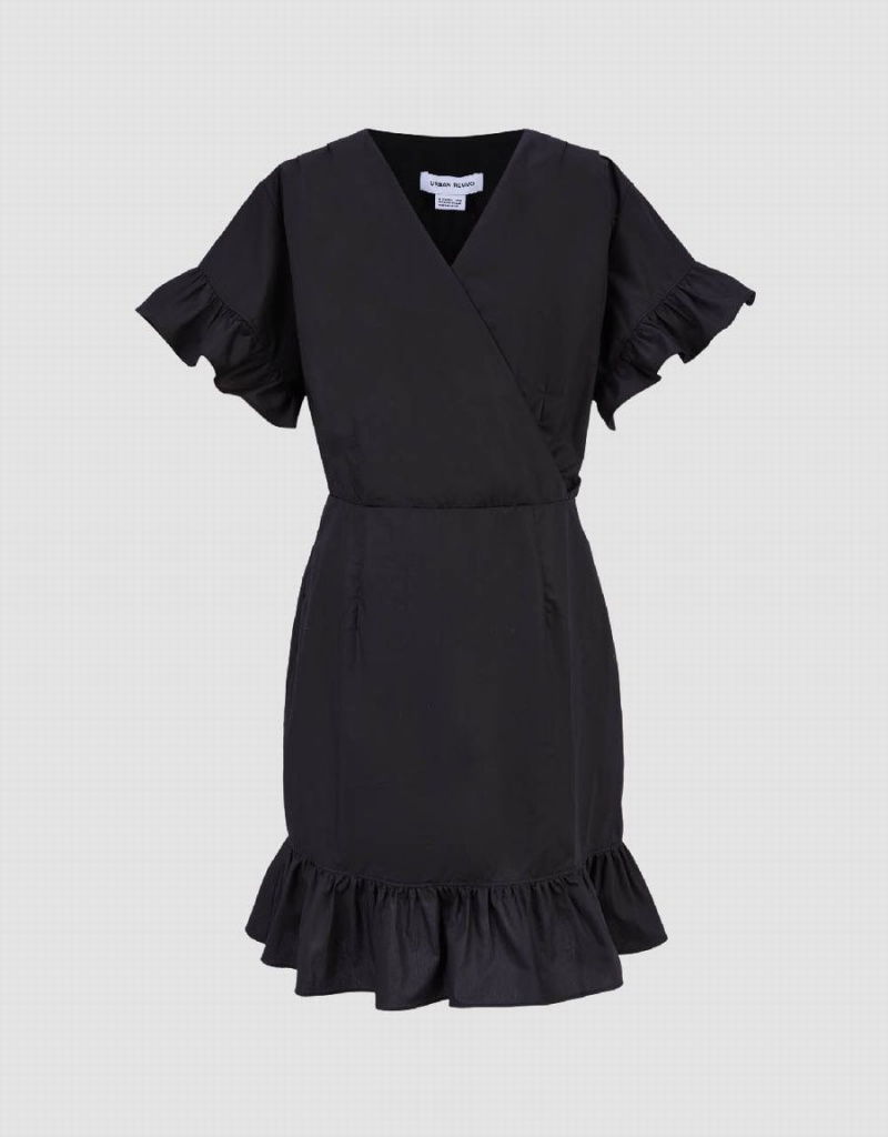 Black Women's Urban Revivo Butterfly Sleeve V-Neck Skater Dress | MQH2437NJ