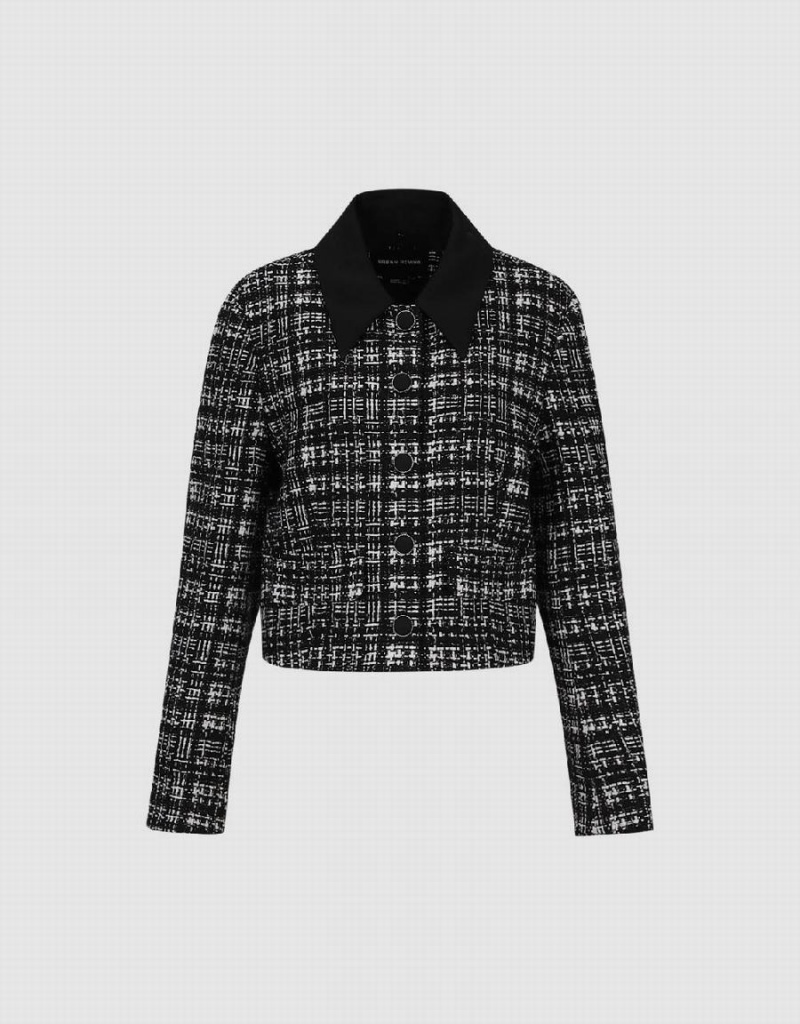 Black Women's Urban Revivo Button Up Tweed Jackets | UCF7338RC