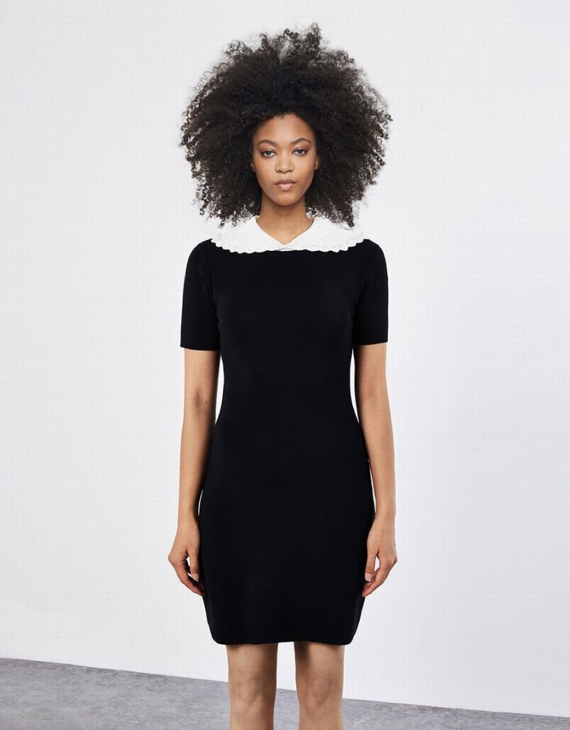 Black Women's Urban Revivo Contrast Collar Knitted Dress | CHG2260SJ