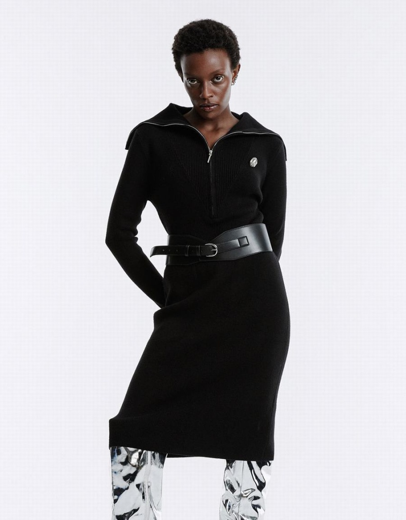 Black Women\'s Urban Revivo Contrast Stitch Knitted Dress | PHF6443GJ