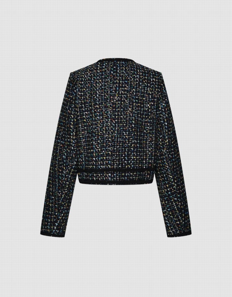 Black Women's Urban Revivo Contrast Trim Tweed Jackets | OJD902UM