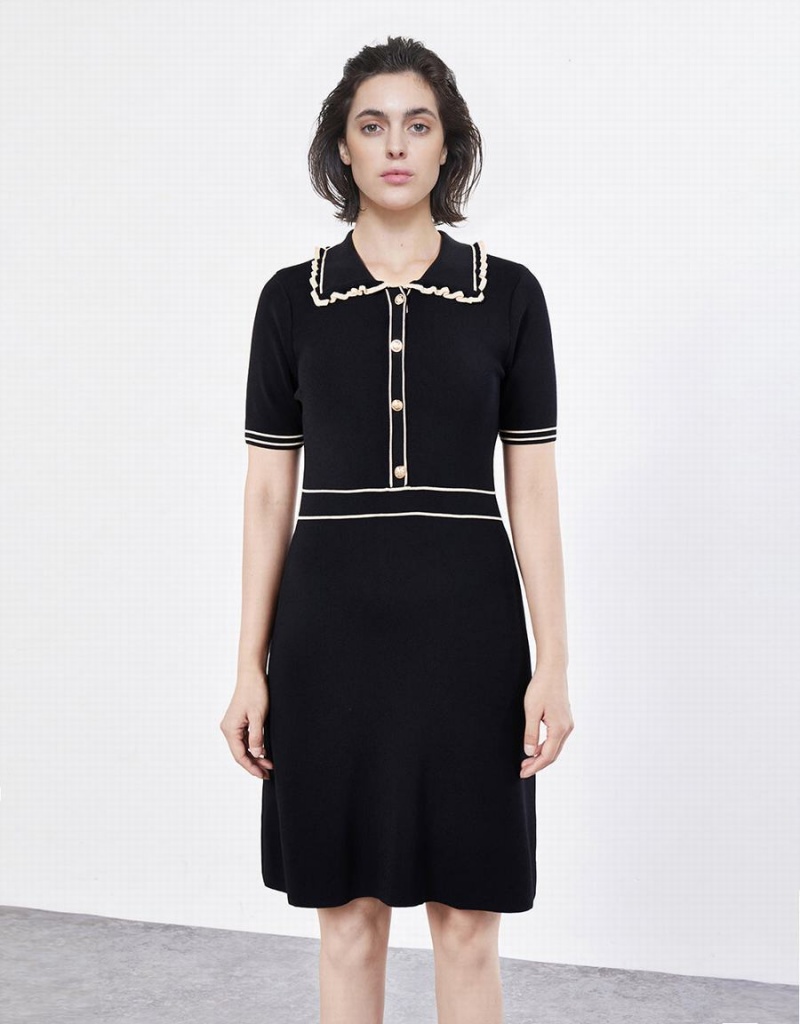 Black Women\'s Urban Revivo Contrast Trim Half Button Knitted Dress | UPW5739PX