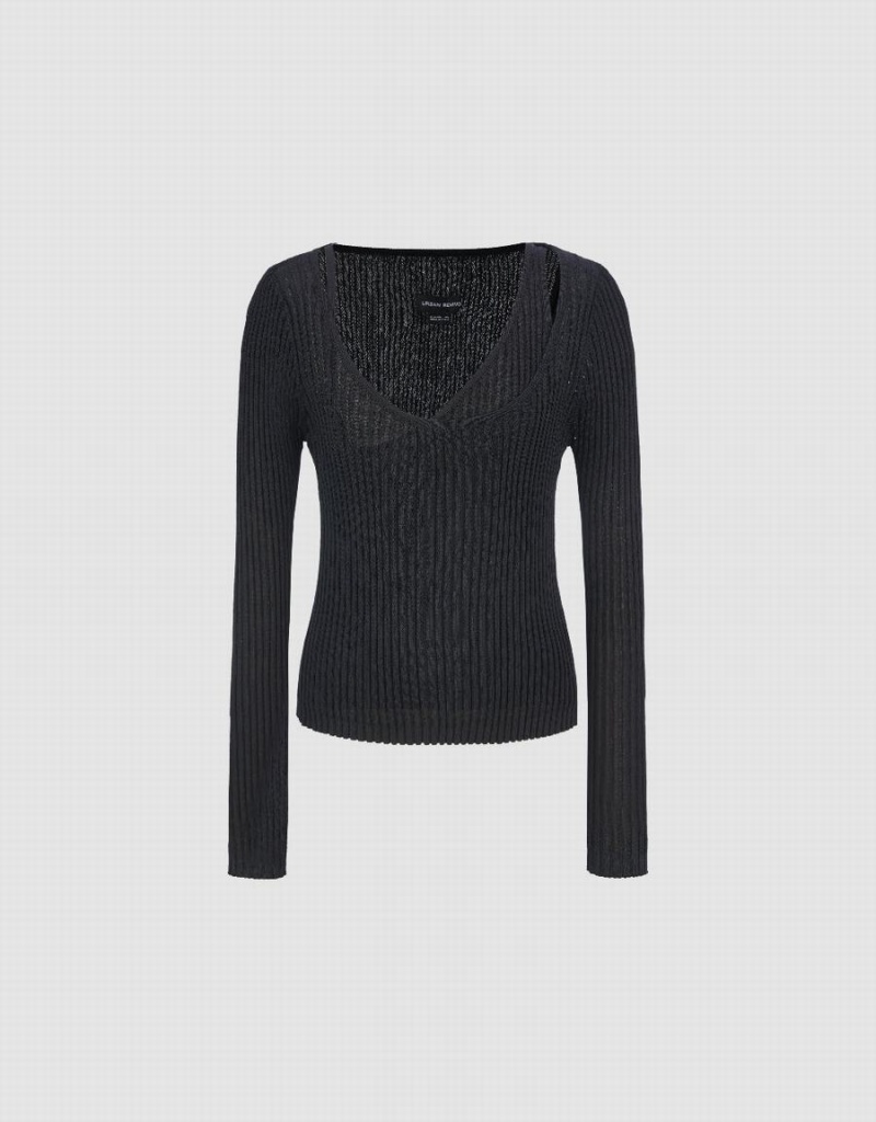 Black Women's Urban Revivo Crew Neck Knitted Cardigan | UCR2388KT