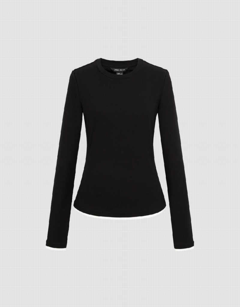 Black Women's Urban Revivo Crew Neck Knitted Skinny T Shirts | EMP199XI