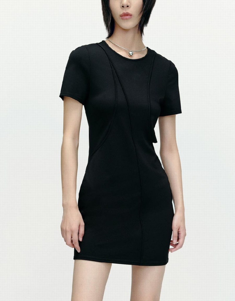 Black Women's Urban Revivo Cut-Out Crew Neck Skinny Dress | ZJL9945HM