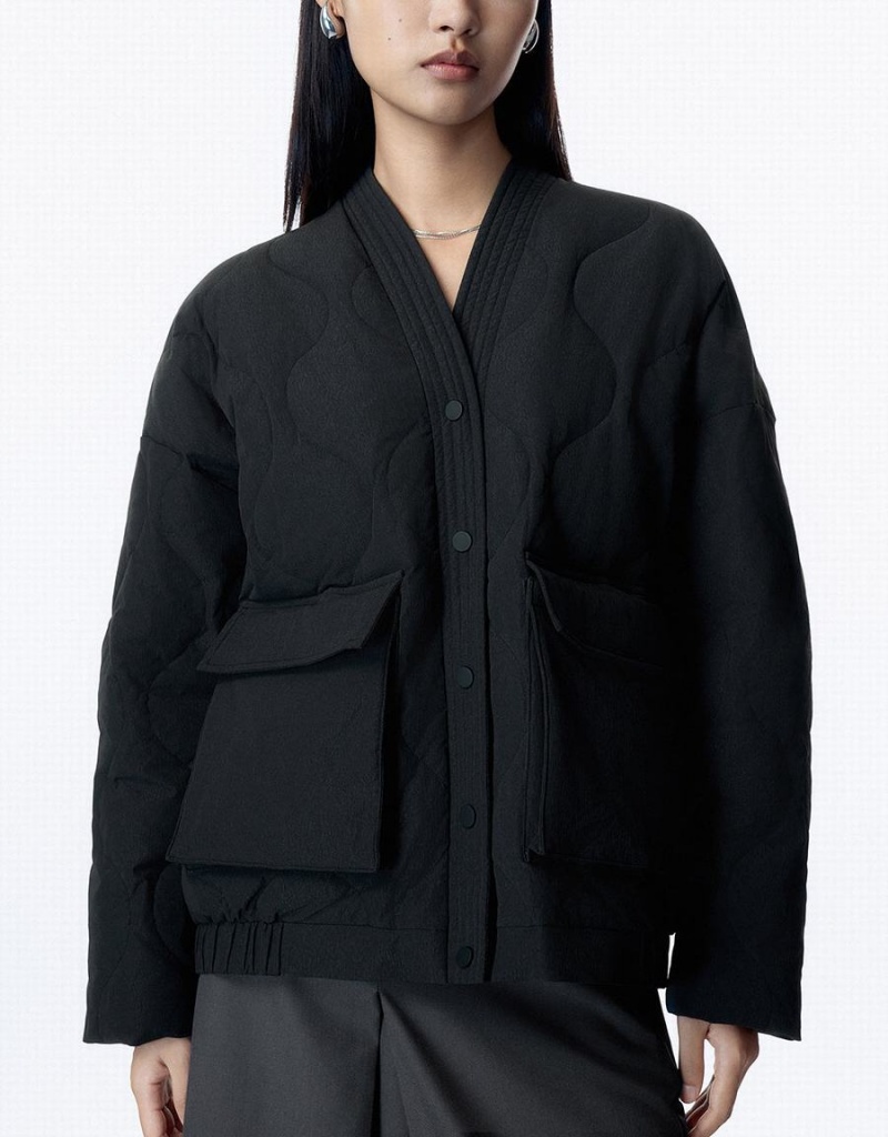 Black Women's Urban Revivo Drop Shoulder Sleeve V-Neck Down Jackets | RDS2936SF