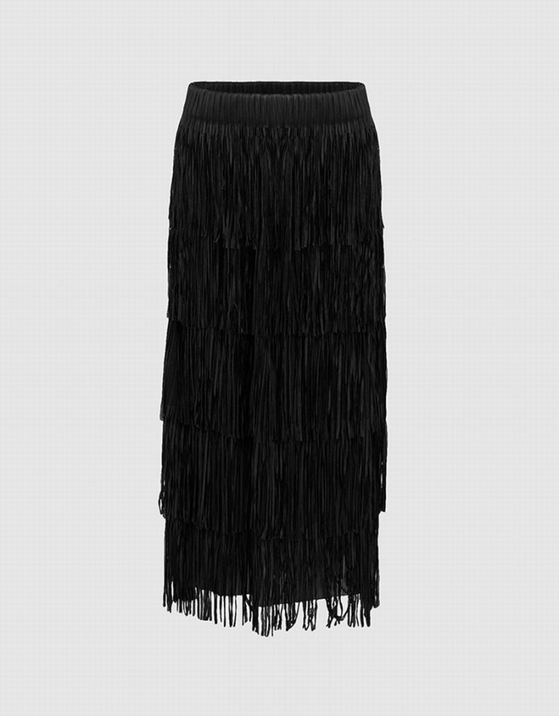 Black Women\'s Urban Revivo Elastic Waist Midi Straight Skirts | MBD1958YV