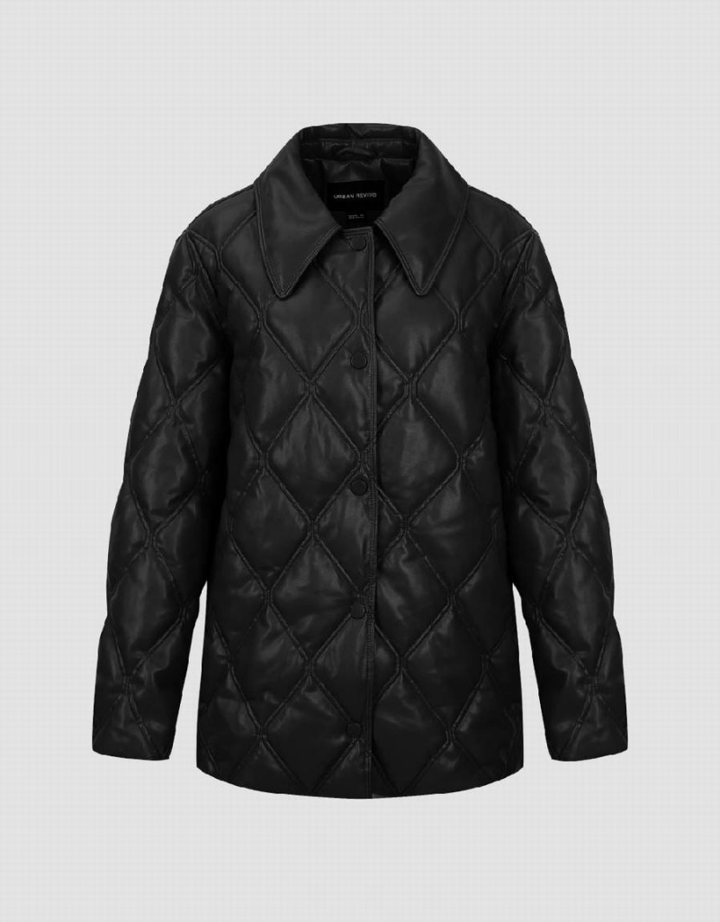 Black Women's Urban Revivo Embossed Straight Padded Coats | BVP4146WR