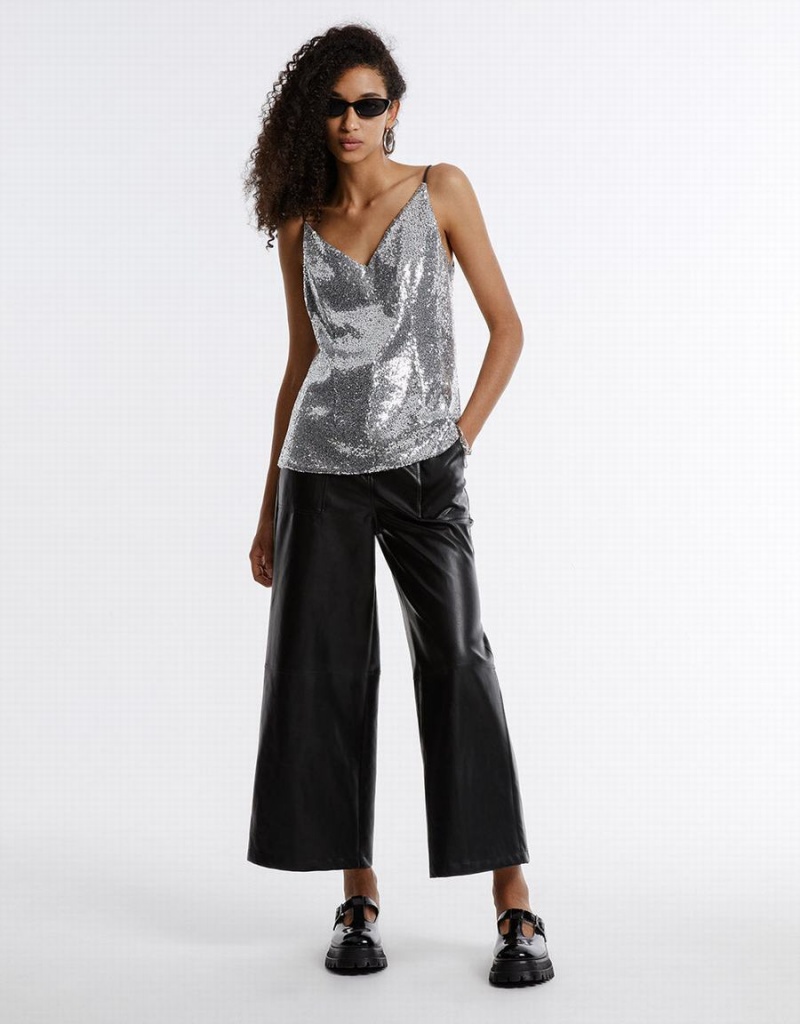 Black Women's Urban Revivo Faux Leather Wide Leg Pants | HKZ5846SV