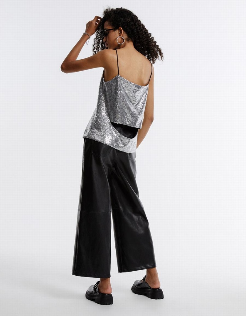 Black Women's Urban Revivo Faux Leather Wide Leg Pants | HKZ5846SV