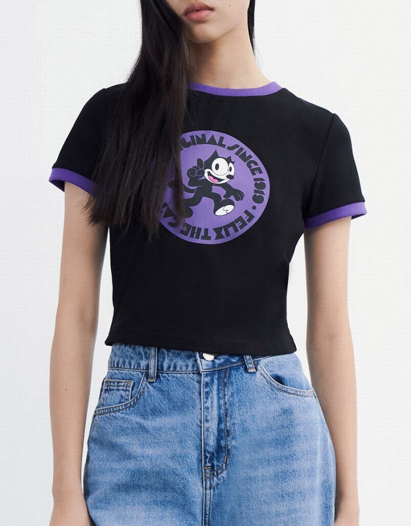 Black Women's Urban Revivo Felix The Cat T Shirts | BYN2937SL