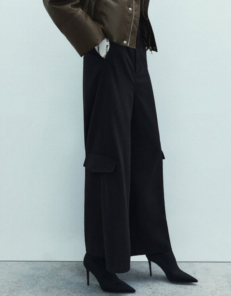 Black Women's Urban Revivo Flap Pocket Wide Leg Pants | PPL815DR